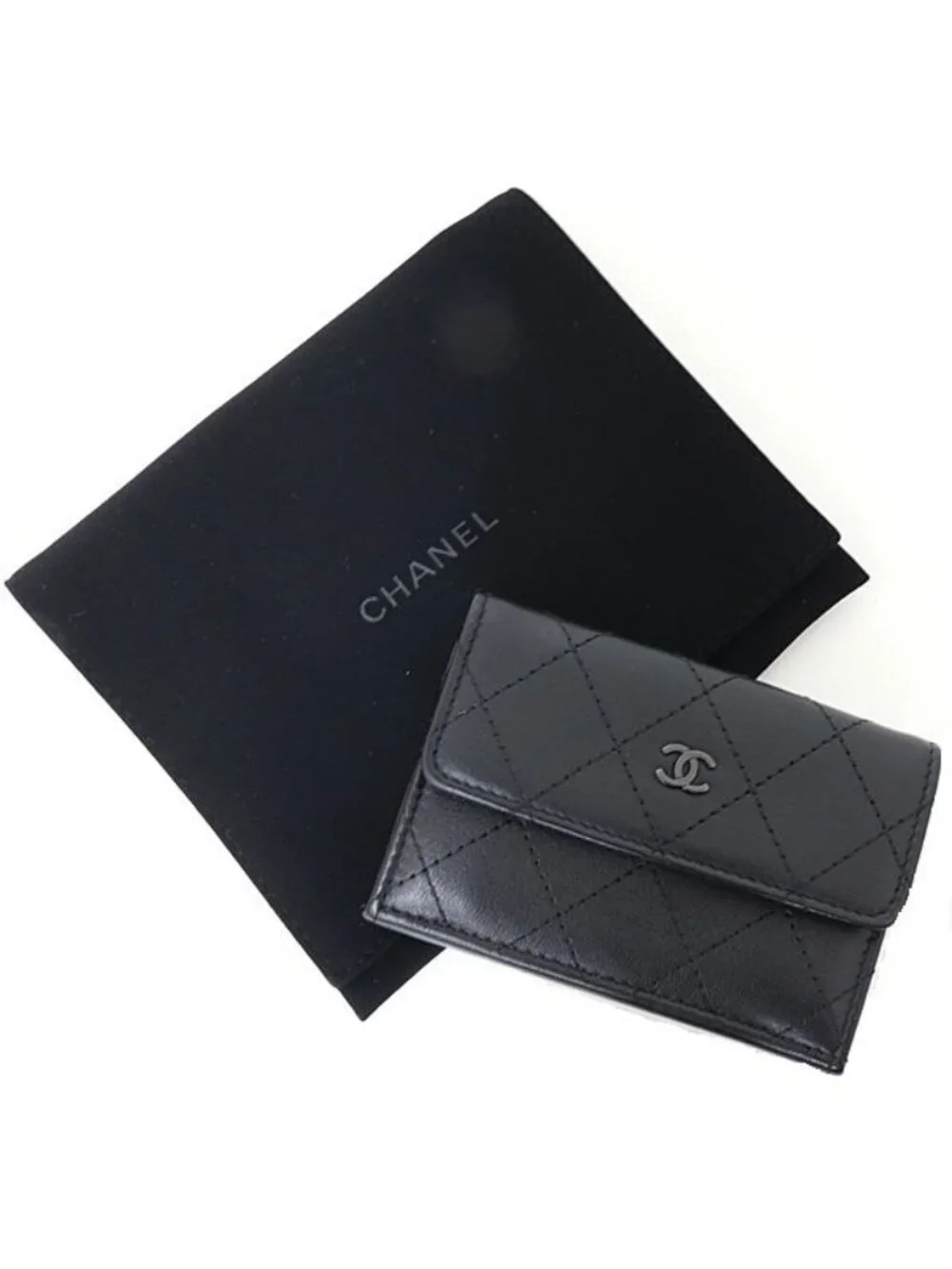 Chanel Compact Wallet Trifold Quilted Leather Black &silver